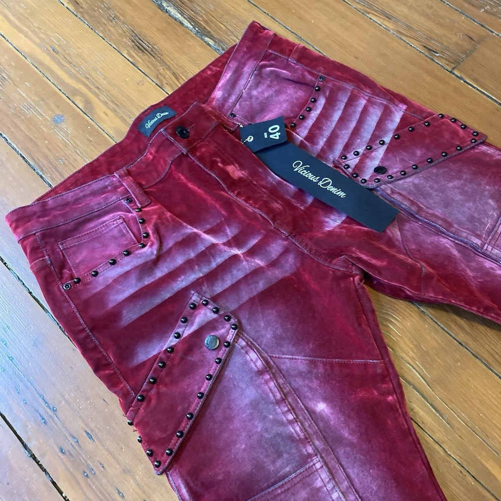 NWT Vicious Denim Red Flocked Velveteen Jeans / Black Studded Streetwear / Rare